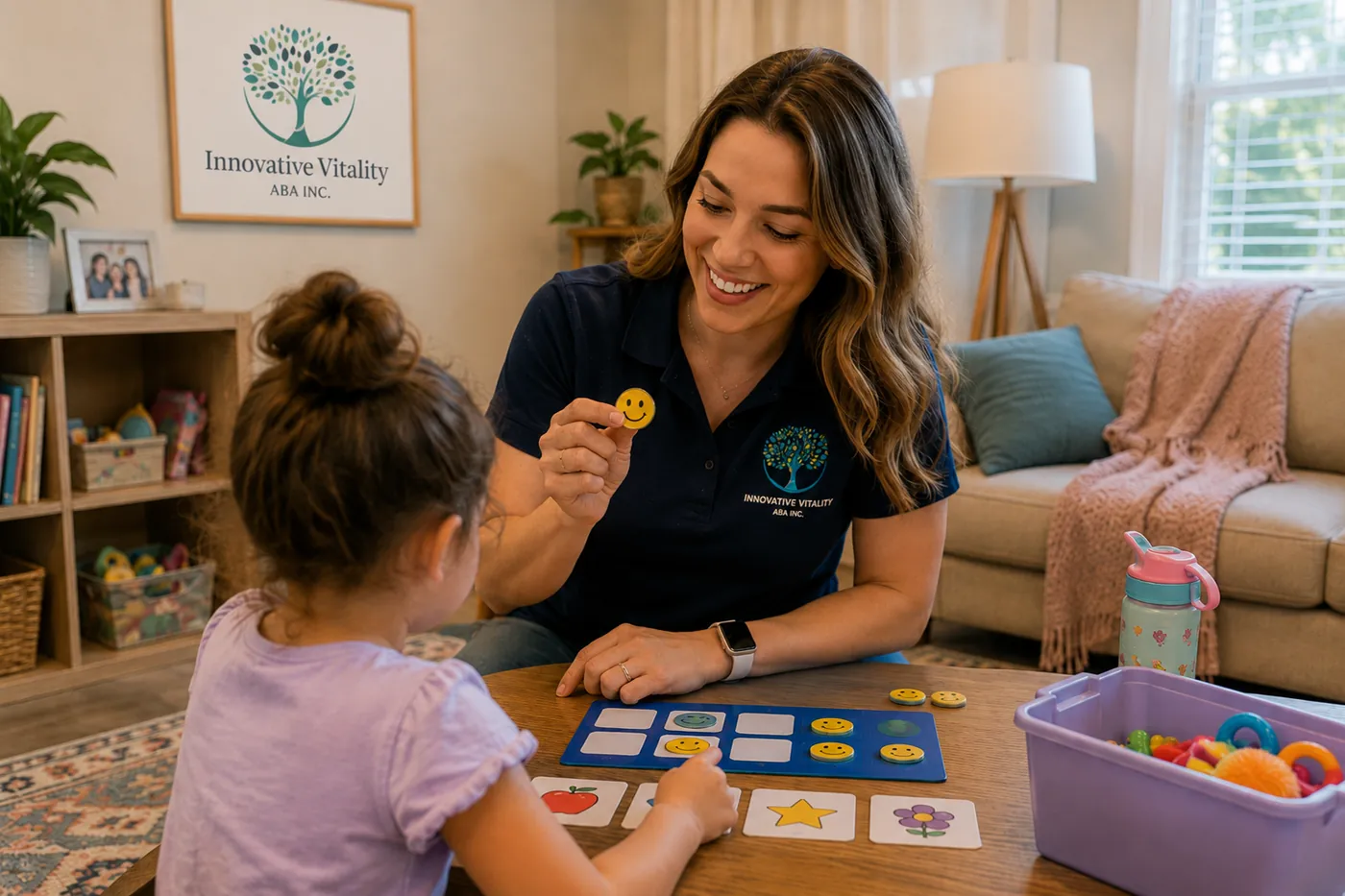 Child earning tokens on a reinforcement board during an ABA session