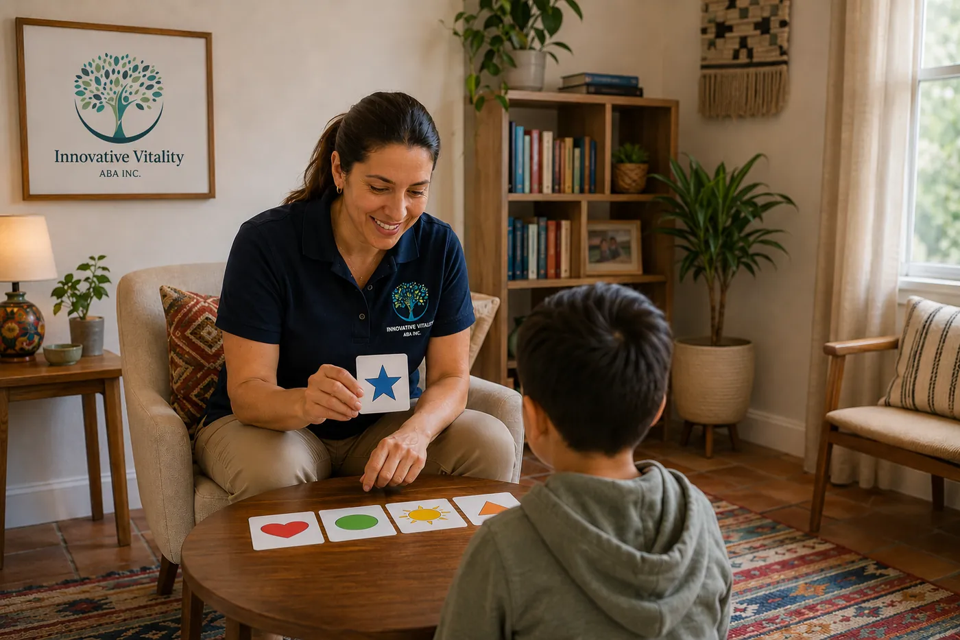 Child matching shapes and colors during an in-home ABA session